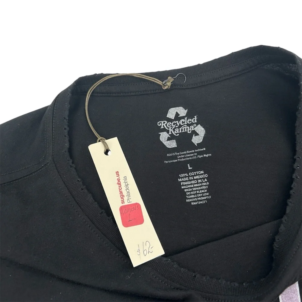 NWT Recycled Karma David Bowie Chewed Neck and Sleeve Cuff Graphic Band Tee READ - Picture 8 of 8